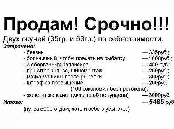 Продам Срочно Двух окуней 35гр и 53гр по себестоимости затрачено бензин ЗЗБруб больничный чтобы поехать на рыбалку 1П00руб З оборванных балансира 1150 руб пробита колесо шиномонтаж _ 7 мойка машины после рыбалки _зпорубд штраф за превышение _ 200руб 100 сэкономил без протокола жене на женские нужды шоб не гундепа ЗОООруб Итого _ 5485 руб ну4 за 5000 отдам хоть и себе в убыток