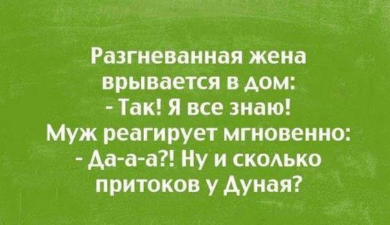 Разгневанная жена врывается в дом Так я все знаю Муж реагирует мгновенно Аа а а Ну и сколько притоков у Ауная