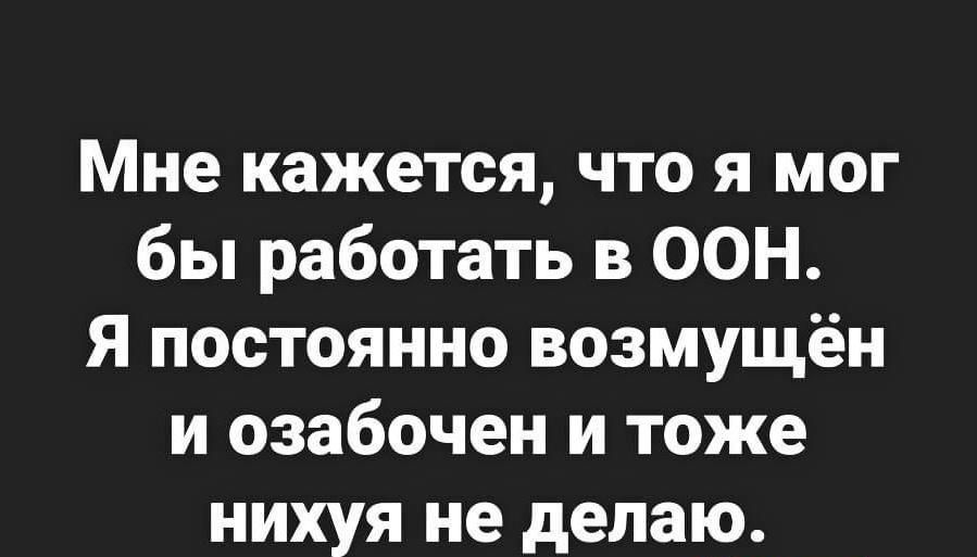 Мне кажется что я мог бы работать в ООН Я постоянно возмущён и озабочен и тоже нихуя не делаю