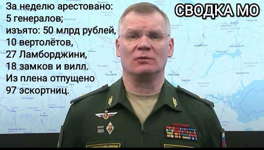 за неделю арестован 5 генералов изъято 50 млрд рублей 10 вертолётов 27 Ламборджини 18 замков и вилл Из плена отпущено 97 эскоргниц