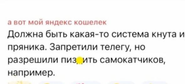 а вот мой яндекс кошелек Должна быть какая-то система кнута и пряника. Запретили телегу, но разрешили пиздить самокатчиков, например.