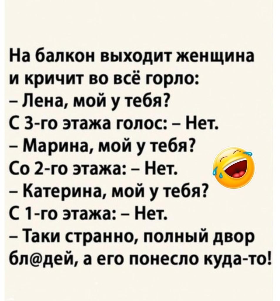 На балкон выходит женщина и кричит во всё горло Лена мой у тебя С 3 го этажа голос Нет Марина мой у тебя Со 2 го этажа Нет 6 Катерина мой у тебя С 1 го этажа Нет Таки странно полный двор блдей а его понесло куда то