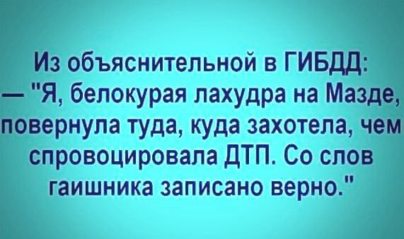 з объяснительной в ГИБДД Я белокурая лахудра на Ма вернула туда куда захотела чо спровоцировала ДТП Со слов гаишника записано верно