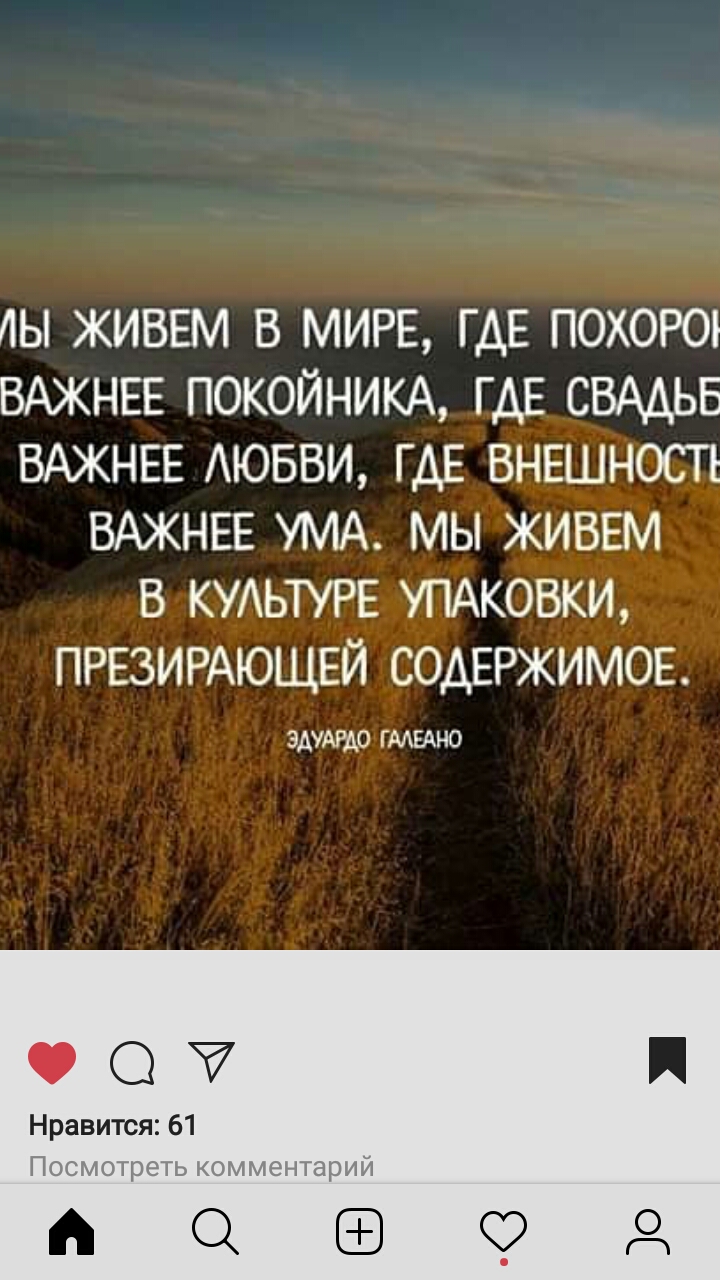 ЛЫ ЖИВЕМ В МИРЕ ГДЕ ПОХОРО ВАЖНЕЕ ПОКОЙНИКА ГДЕ СВААЬБ ВАЖНЕЕ АЮБВИ ГДЕ ВНЕШНОСП ВАЖНЕЕ УМА МЫ ЖИВЕМ В КУАЬТУРЕ УПАКОВКИ ПРЕЗИРАЮЩЕЙ СОДЕРЖИМОЕ ЭАУАРАО ГААЕАНО О Нравится 61 П пас