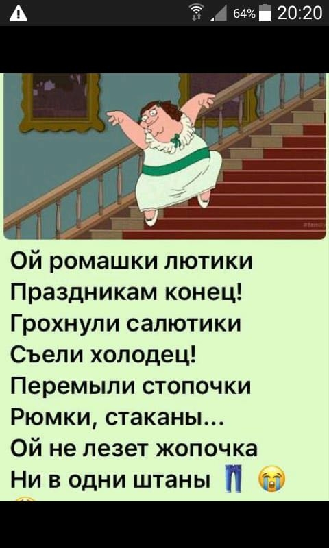 Ой ромашки лютики Праздникам конец Грохнули салютики Съели холодец Перемыли стопочки Рюмки стаканы Ой не лезет жопочка Ни в одни штаны 1 т