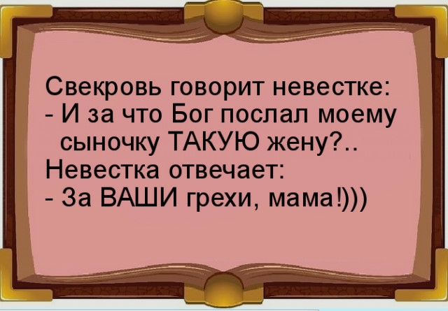 Свекровь говорит невестке И за что Бог поспал моему сыночку ТАКУЮ жену Невестка отвечает За ВАШИ грехи мама