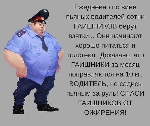 Ежедневно по вине пьяных водителей сотни ГАИШНИКОВ берут взятки Они начинают хорошо питаться и толстеют Доказано что ГАИШНИКИ за месяц поправляются на 10 кг ВОДИТЕЛЬ не садись пьяным за руль СПАСИ ГАИШНИКОВ ОТ ОЖИРЕНИЯ