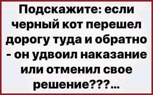 Подскажите если черный кот перешел дорогу туда и обратно он удвоил наказание или отменил свое решение