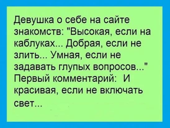 Девушка о себе на сайте знакомств Высокая если на каблуках Добрая если не злить Умная если не задавать глупых вопросов Первый комментарий И красивая если не включать свет