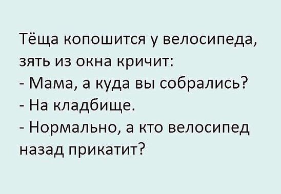 Тёща копошится у велосипеда зять из окна кричит Мама а куда вы собрались На кладбище Нормально а кто велосипед назад прикатит