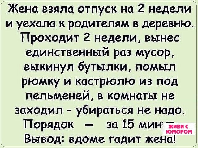 Жена взяла отпуск на 2 недели и уехала к родителям в деревню Проходит 2 недели вынес единственный раз мусор выкинул бутылки помыл рюмку и кастрюлю из под пельменей в комнаты не заходил убираться не надо Порядок за 15 мин МОРО Вывод вдоме гадит жена