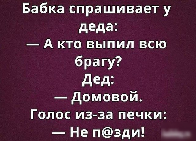 Бабка спрашивает у деда А кто выпил всю брагу дед домовой Голос из за печки Не пзди