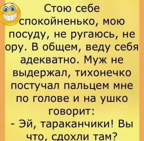 Стою себе покойненько мою посуду не ругаюсь не ору В общем веду себя адекватно Муж не выдержал тихонечко постучал пальцем мне по голове и на ушко говорит Эй тараканчики Вы что сдохли там