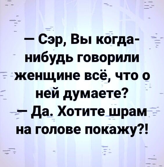 Сэр Вы когда нибудь говорили женщине всё что о ней думаете да Хотите шрам на голове покажу