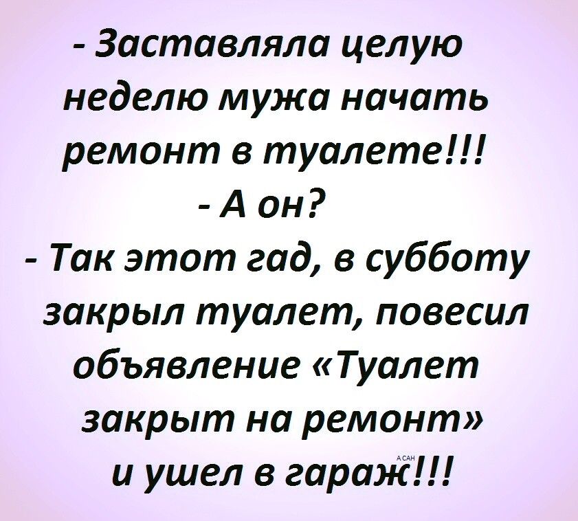 Заставляла целую неделю мужа начать ремонт в туалете А он Так этот гад в субботу закрыл туалет повесил объявление Туалет закрыт на ремонт и ушел в гаранЁ