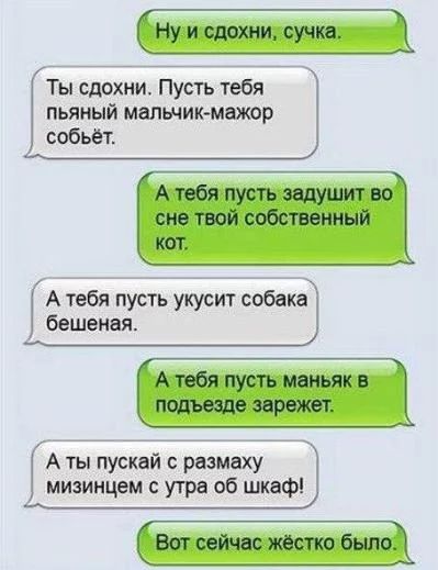 Ну и сдохни сучка Ты сдохии Пусть тебя пьяный мальчикмажор собьаг А тебя пусть задушит во сне твой собственный КОТ А тебя пусть укусит собак бешеная А тебя пусть маньяк подъеще заражен А 61515801 размахуй мизинцем утра 06 шкаф