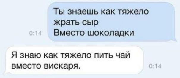 Ты знаешь как тяжело жрать сыр Вместо шоколадки Я знаю как тяжело пить чай вместо вискаря