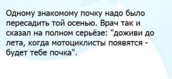 Одному знакомому почку надо было пересадить той осенью Врач так и сказал на полном серьезе доживи до лета когда мотоциклисты появятся будет тебе почка