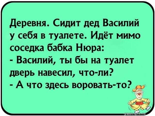 Деревня Сидит дед Василий у себя в туалете Идёт мимо соседка бабка Нюра Василий ты бы на туалет дверь навесил что ли А что здесь воровать то к