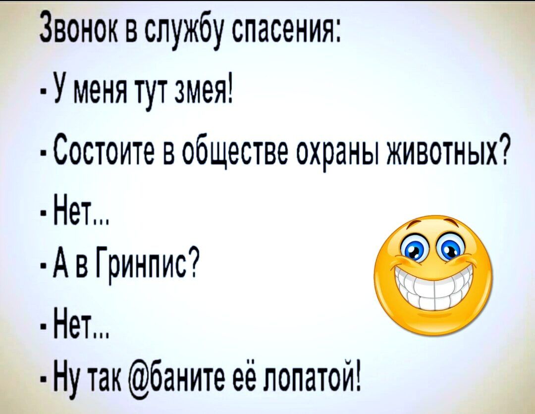 Звонок в службу спасения Уменя тут змея Состоите в обществе охраны животных Нет А в Гринпис Нет Ну так баните её лопатой