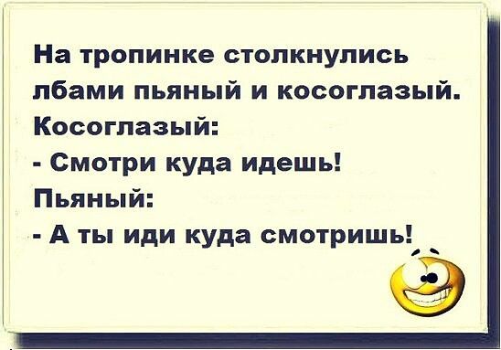 На тропинке столкнулись лбами пьяный и косоглазый Косоглазый Смотри куда идешь Пьяный А ты иди куда смотришь_