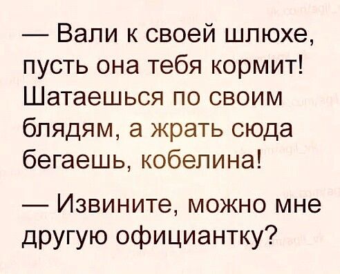Вали к своей шпюхе пусть она тебя кормит Шатаешься по своим блядям а жрать сюда бегаешь кобепина Извините можно мне другую официантку