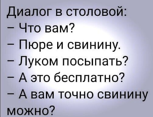 Диалог в столовой Что вам Пюре и свинину Луком посыпать А это бесплатно А вам точно свинину можно
