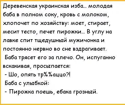 Деревенская украинская изба молодая баба в полном соку кровь с молоком хлопочет по хозяйству моет стирает месит тесто печет пирожки В углу на лавке спит тщедушный мужичонка и постоянно нервно во сне вздрагивает Баба трясет его за плечо Он испуганно вскакивоя просыпается Шо опять траццо Баба с улыбко Пирожки поешь ебака грозный