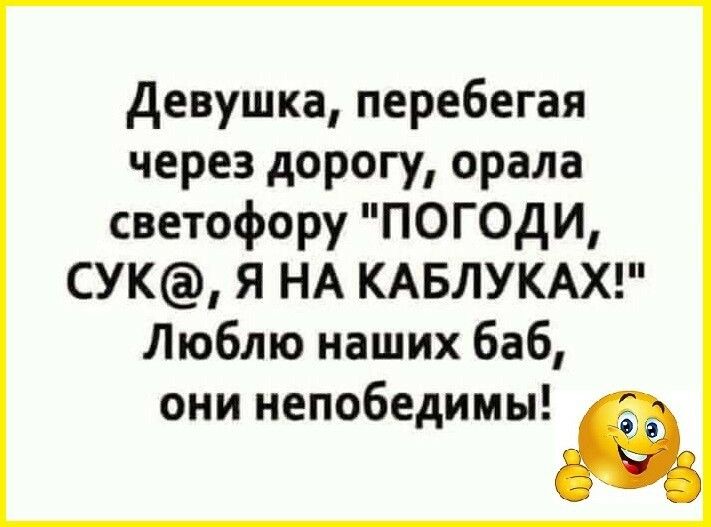 девушка перебегая через дорогу орала светофору ПОГОДИ СУК Я НА КАБЛУКАХ Люблю наших баб они непобедимы
