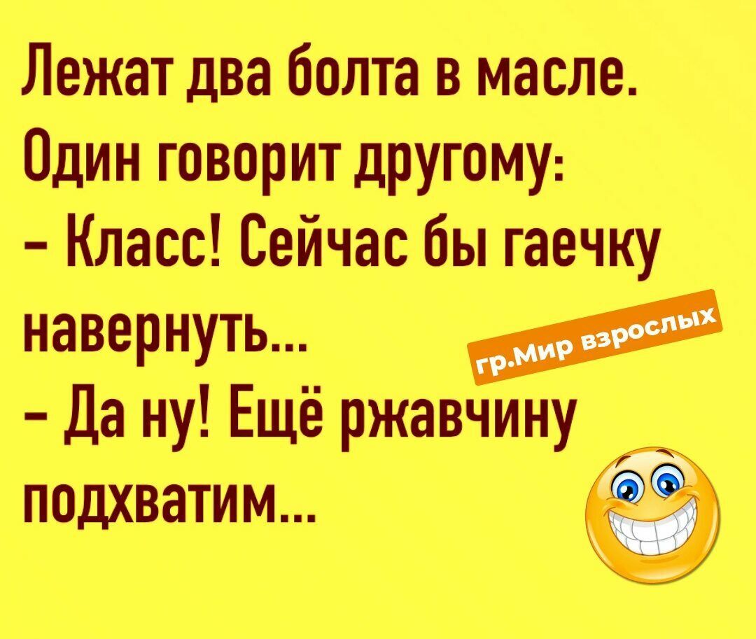Лежат два болта в масле Один говорит другому Класс Сейчас бы гаечку навернуть Да ну Ещё ржавчину подхватим