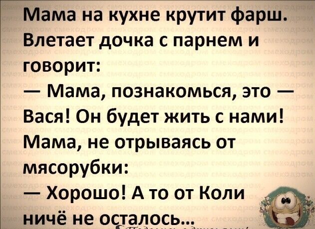 Мама на кухне крутит фарш Влетает дочка с парнем и говорит Мама познакомься это Вася Он будет жить с нами Мама не отрываясь от мясорубки Хорошо А то от Коли ничё не осгтддосрщп _ _ _