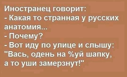 Иностранец говорит Какая то странная у русских анатомия Почему Вот иду по улице и слышу Вась одень на уй шапку а то уши замерзнут