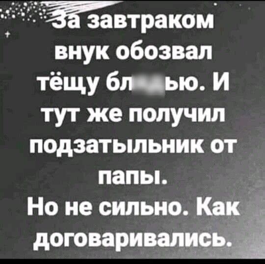 іэдъЁЁЗЁвтраком внук обозвал тёщу бмью И тут же получил подзатыпьник от папьь Но не сильно Как Е договаривалжіыН