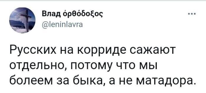 Влад орэббоіос іепіпіамга Русских на корриде сажают отдельно потому что мы болеем за быка а не матадора