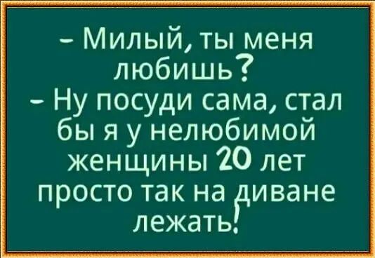 Милый ты меня любишь Ну посуди сама стал бы я у нелюбимой женщины 20 лет просто так на диване лежать
