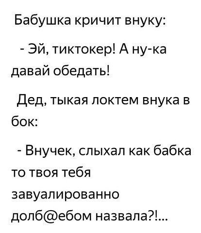 Бабушка кричит внуку Эй тиктокер А ну ка давай обедать Дед тыкая локтем внука в бок Внучек слыхал как бабка то твоя тебя завуалированно долбебом назвала