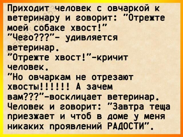 Приходит человек с овчаркой к ветеринару и говорит Отрежте моей собаке хвост Чего удивляется ветеринар Отрежте хвосткричит человек Но овчаркам не отрезают хвосты А зачем вам восклицает ветеринар Человек и говорит Завтра теща приезжает и чтоб в доме у меня никаких проявлений РАДОСТИ