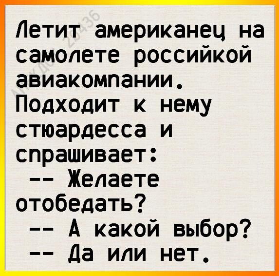 Летит американец на самолете российкой авиакомпании Подходит к нему стюардесса и спрашивает Желаете отобедать А какой выбор Да или нет