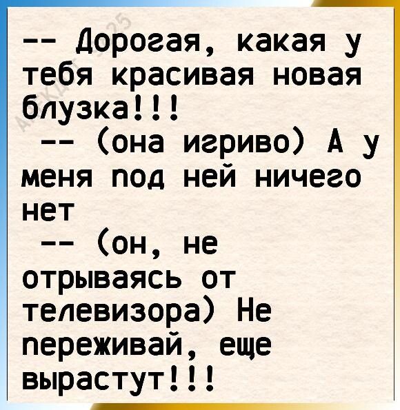 Дорогая какая у тебя красивая новая блузка она игриво А у меня под ней ничего нет он не отрываясь от телевизора Не переживай еще вырастут