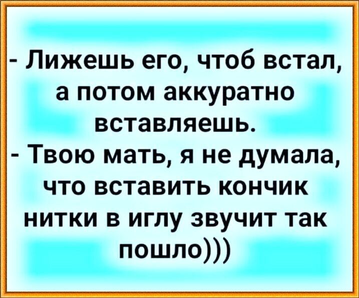 Лижешь его чтоб встал а потом аккуратно вставляешь Твою мать я не думала что вставить кончик нитки в иглу звучит так пошло