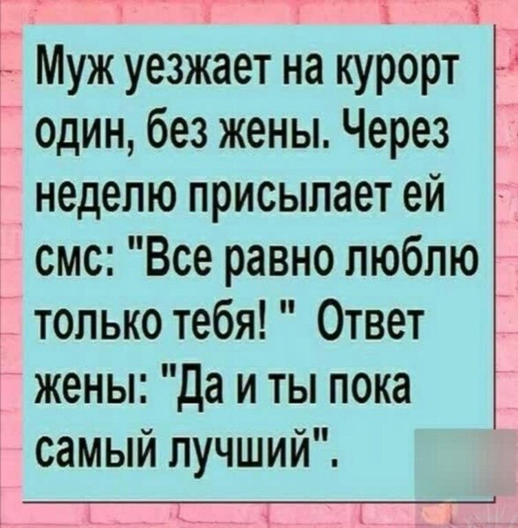 _ ОДИН без жены Через неделю присылает ей смс Все равно люблю _ только тебя Ответ Г жены Да и ты пока самый лучший Ё _ с К т т Ё Муж уезжает на курорт