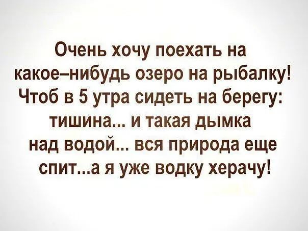 Очень хочу поехать на какоенибудь озеро на рыбалку Чтоб в 5 утра сидеть на берегу тишина и такая дымка над водой вся природа еще спита я уже водку херачу