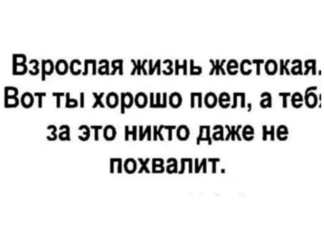 Взрослая жизнь жестокая Вот ты хорошо поел а тебг за это никто даже не похвалит