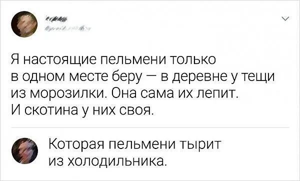 ш Я настоящие пельмени только в одном месте беру в деревне у тещи из морозилки Она сама и лепит И скотина у них своя Которая пельмени тырит из холодильника