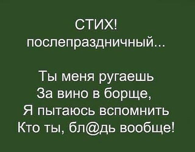 СТИХ поспепраздничный Ты меня ругаешь За вино в борще Я пытаюсь вспомнить Кто ты блдь вообще