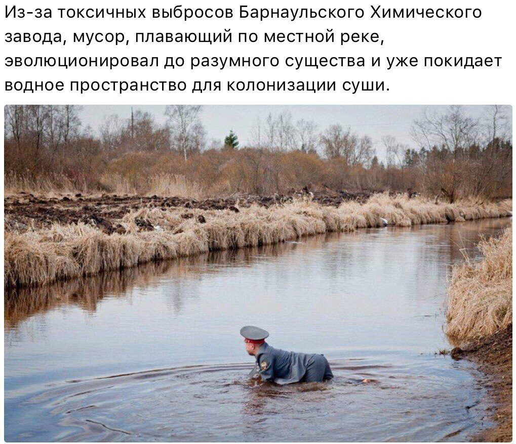 Из за гоксинных выбросов Барнаульского Химического завода мусор плавающий пп местной реке эволюционировал до разумного существа и уже покидает водное пространство для колонизации СУШИ