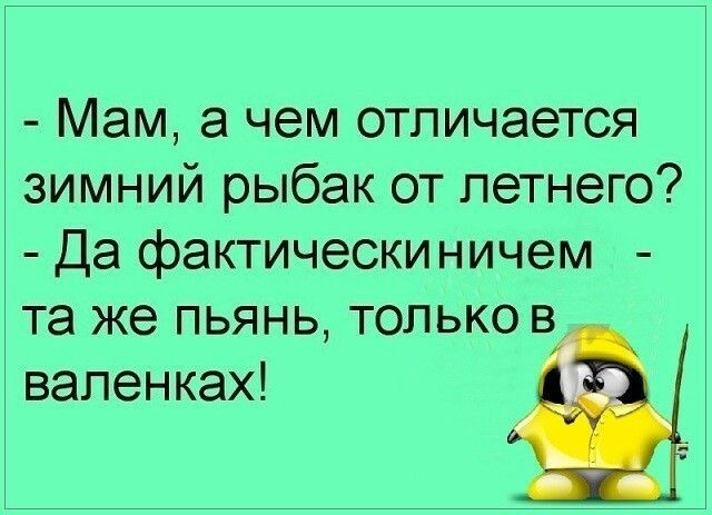 Мам а чем отличается зимний рыбак от летнего Да фактически ничем та же пьянь только валенках