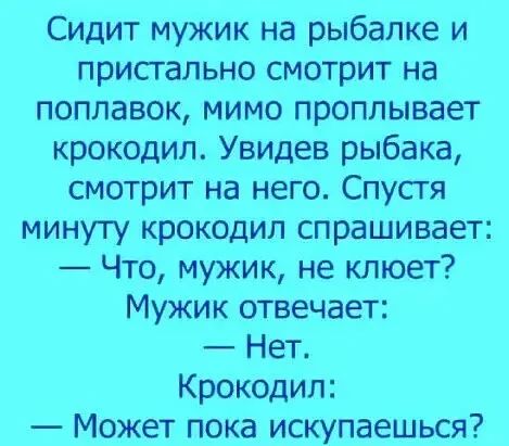 Сидит мужик на рыбалке и пристально смотрит на поплавок мимо проплывает крокодил Увидев рыбака смотрит на него Спусгя минуту крокодил спрашивает Что мужик не клюет Мужик отвечает Нет Крокодил Может пока искупаешься