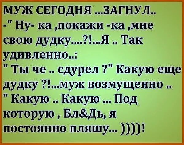 МУЖ СЕГОДНЯ ЗАГНУЛ Ну ка покажи ка мне свою дудкуЯ Так удивленно Ты че сдурел Какую еще дудку муж возмущенно Какую Какую Под которую БлДь я постоянно пляшу
