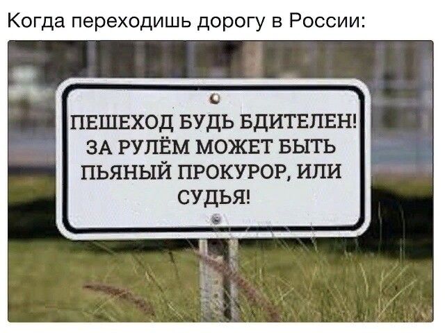 Когда переходишь дорогу в России ПЕШЕХОД БУДЬ БДИТЕПЕН ЗА РУЛЕМ МОЖЕТ БЫТЬ пьяный прокурор или судьяэ